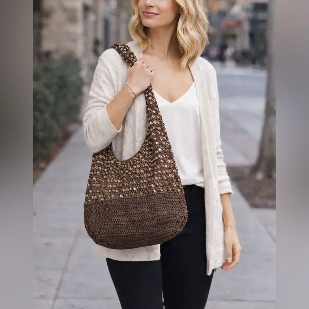 Murval Paris Brown Sequin Crochet Shoulder Bag Slouchy Boho